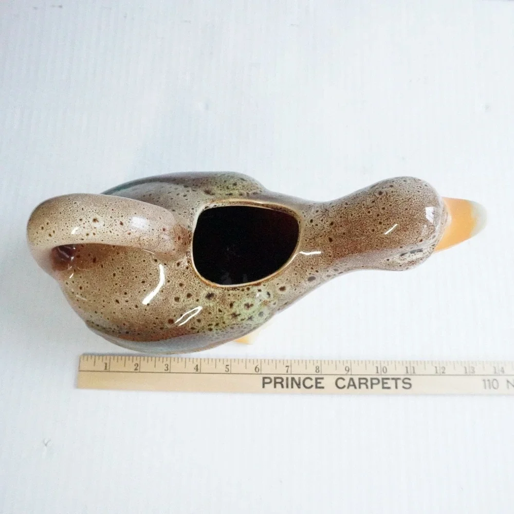 Ceramic Duck Pitcher Cream Brown Speckled Orange Beak Handle Farm Whimsical‎
